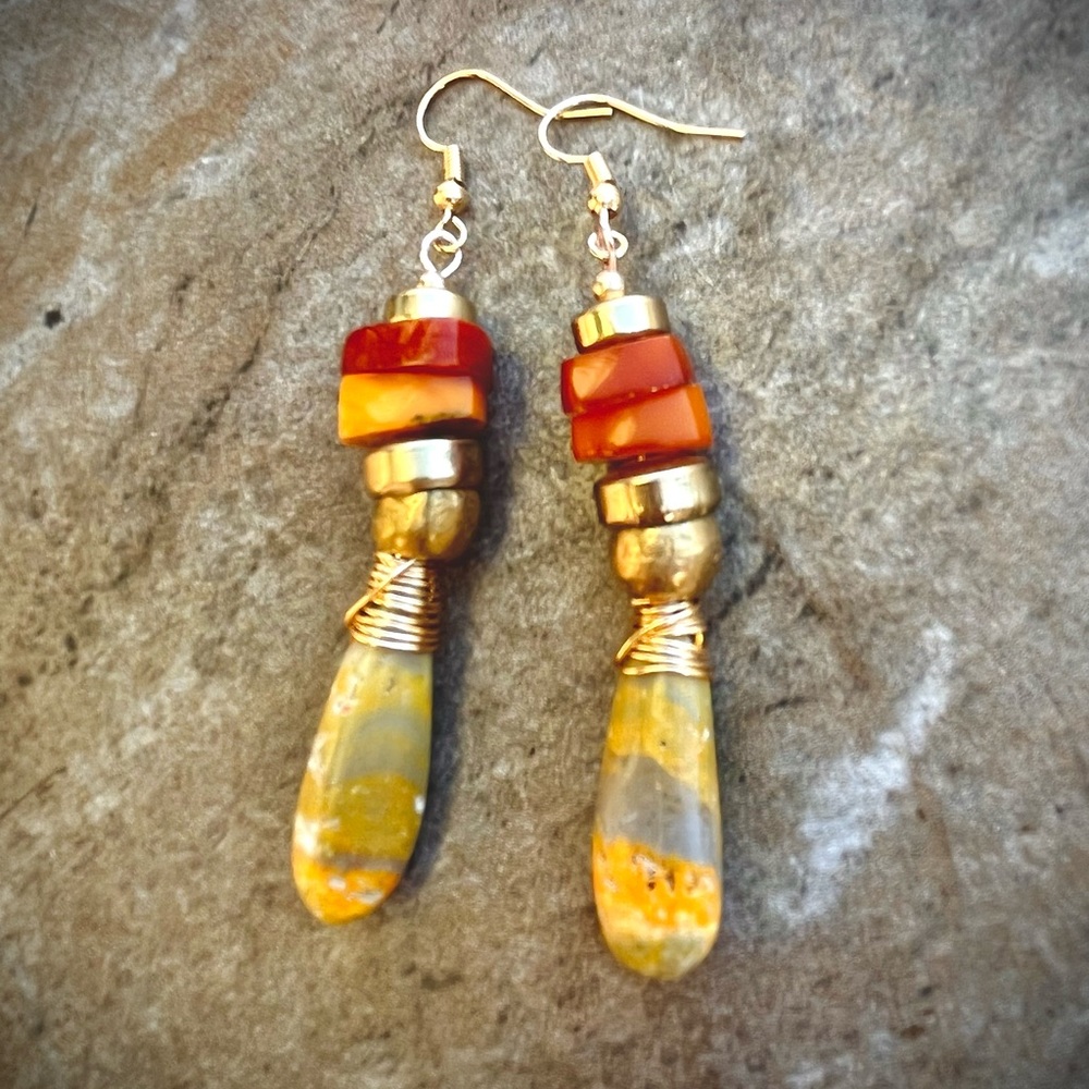 SOLD Tribal Bohemian Earrings Bumble Bee Jasper Amber and African Trade Brass
